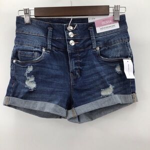 Bluenotes Olivia Dark Blue Distressed High Rise Jean Shorts